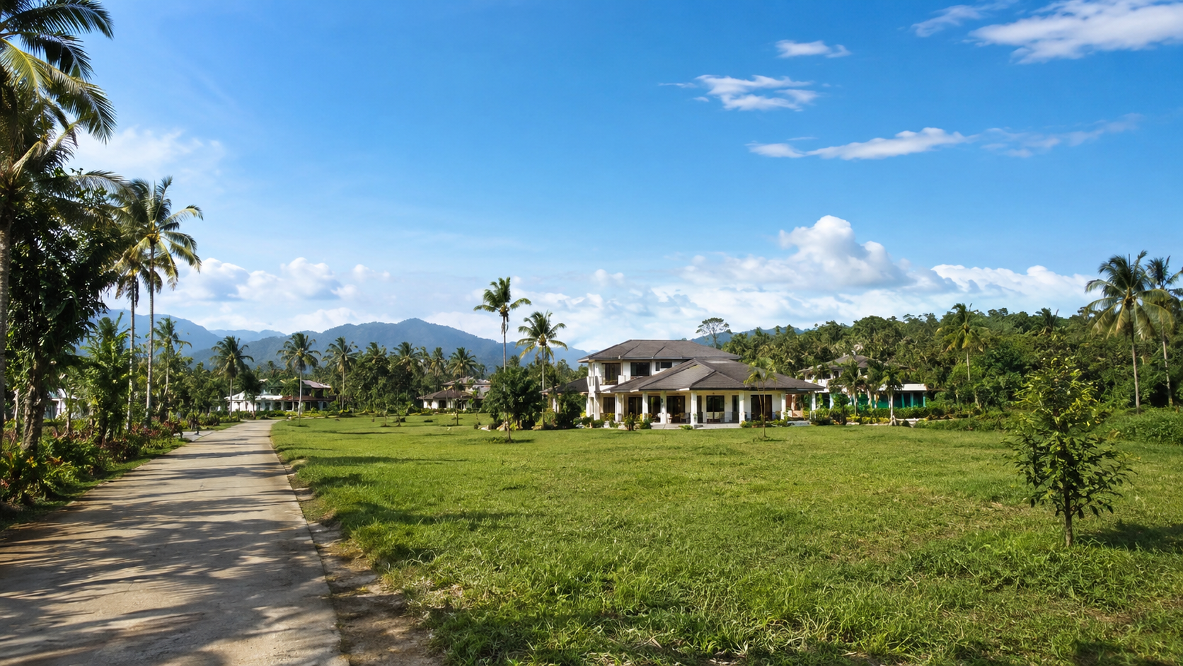 View of the area with palm trees and mountains